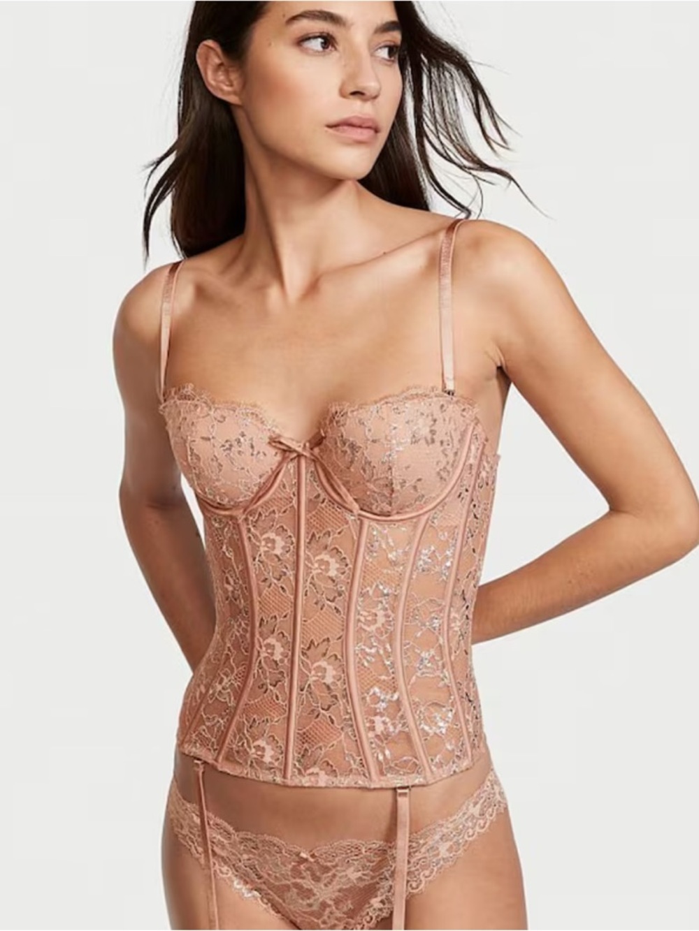Victoria’s Secret Lingerie Beige Shimmer Bustier Corset w/ Garters, size small